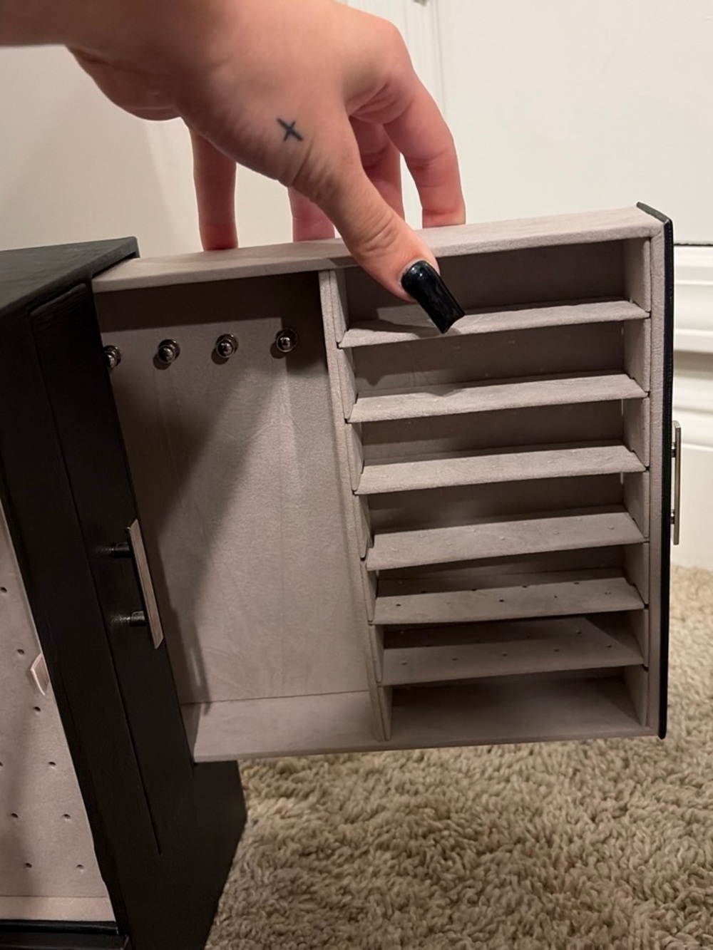 Black Jewelry Organizer Box with Lilac Interior and Multi-Tier Shelves